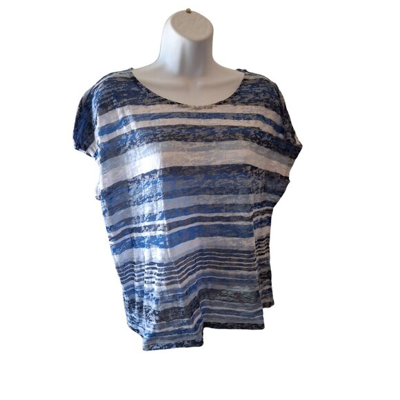 Ruby Rd Favorites Womens Top Large Stripe Blue White Short Sleeve Classiccore - Picture 1 of 6